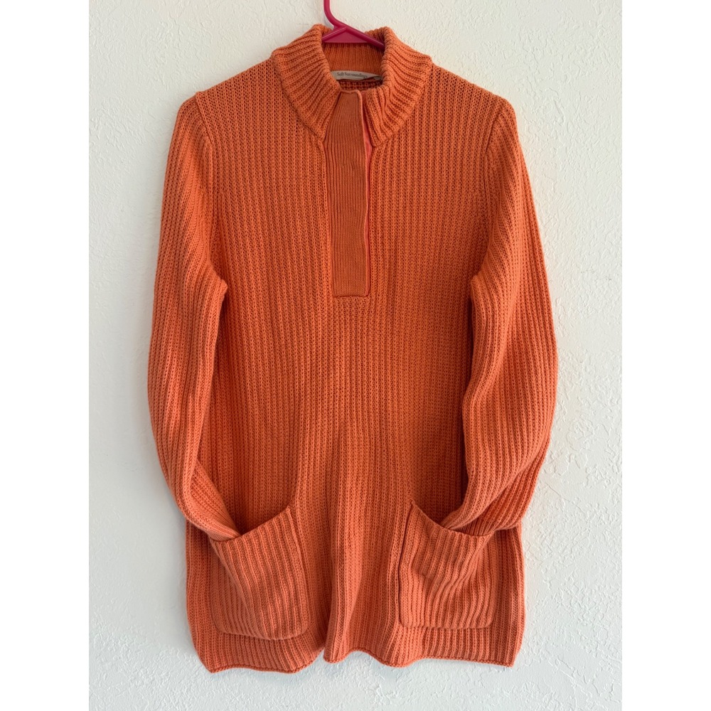 Soft Surroundings Orange Rib Knit Quarter Zip Tunic Sweater Pockets 3BV93
